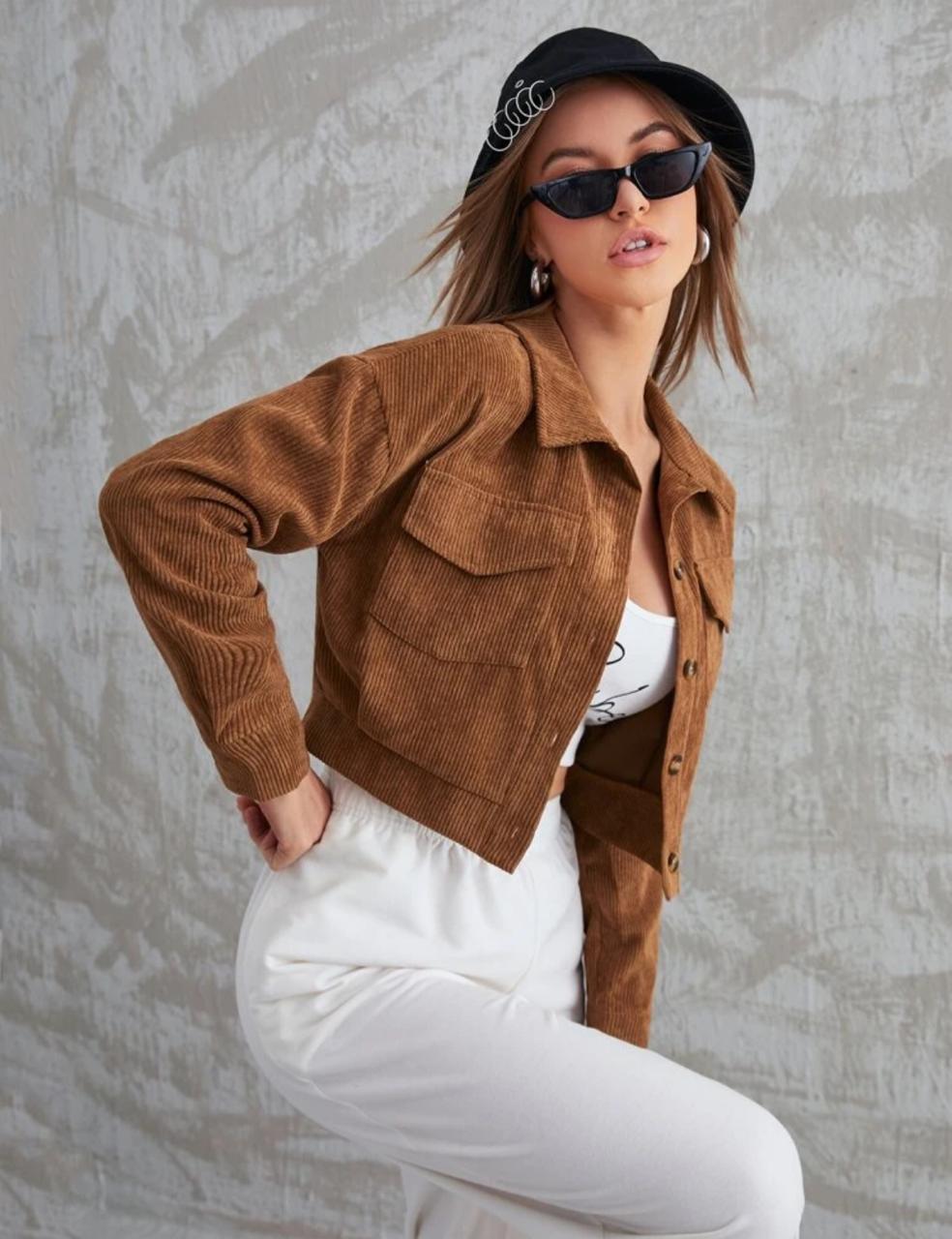 Corduroy Flap Pocket Button Up Crop Jacket