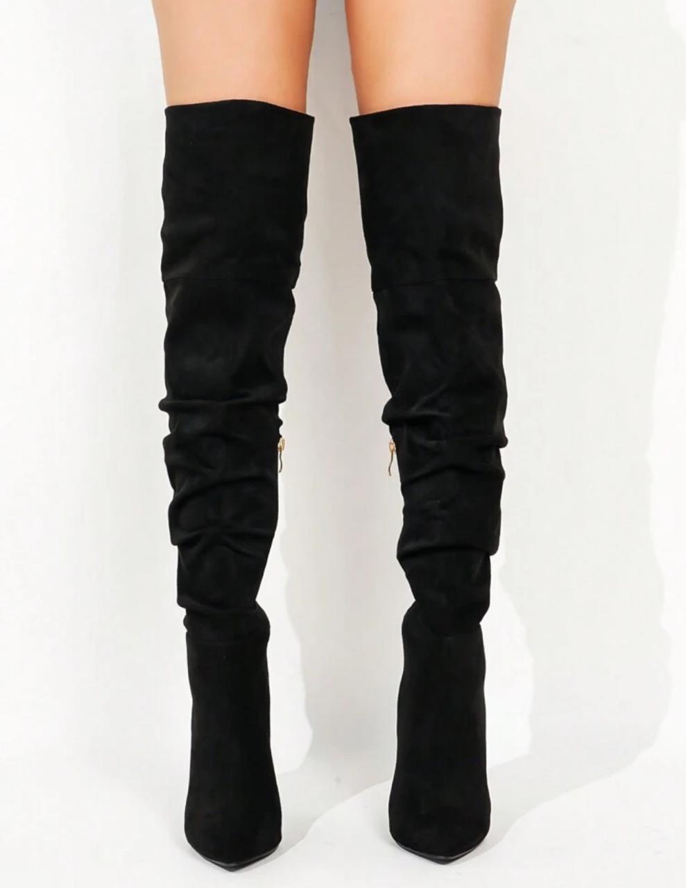 Fashion Match Sweater , Women Thigh High Boots Slim Heel Plus Size Faux Suede Side Zipper Long Tube Boots