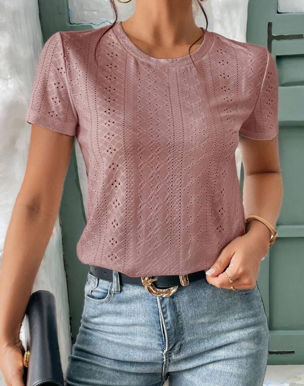 Solid Eyelet Textured Fabric Embroidery Tee
