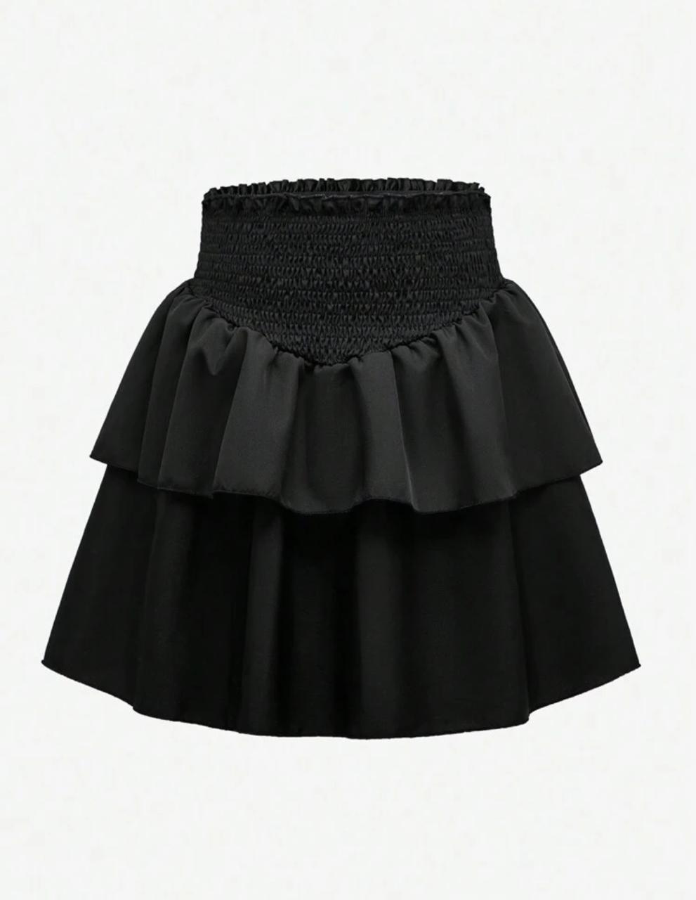Solid Color Ruffle Hem Casual Black Skirt