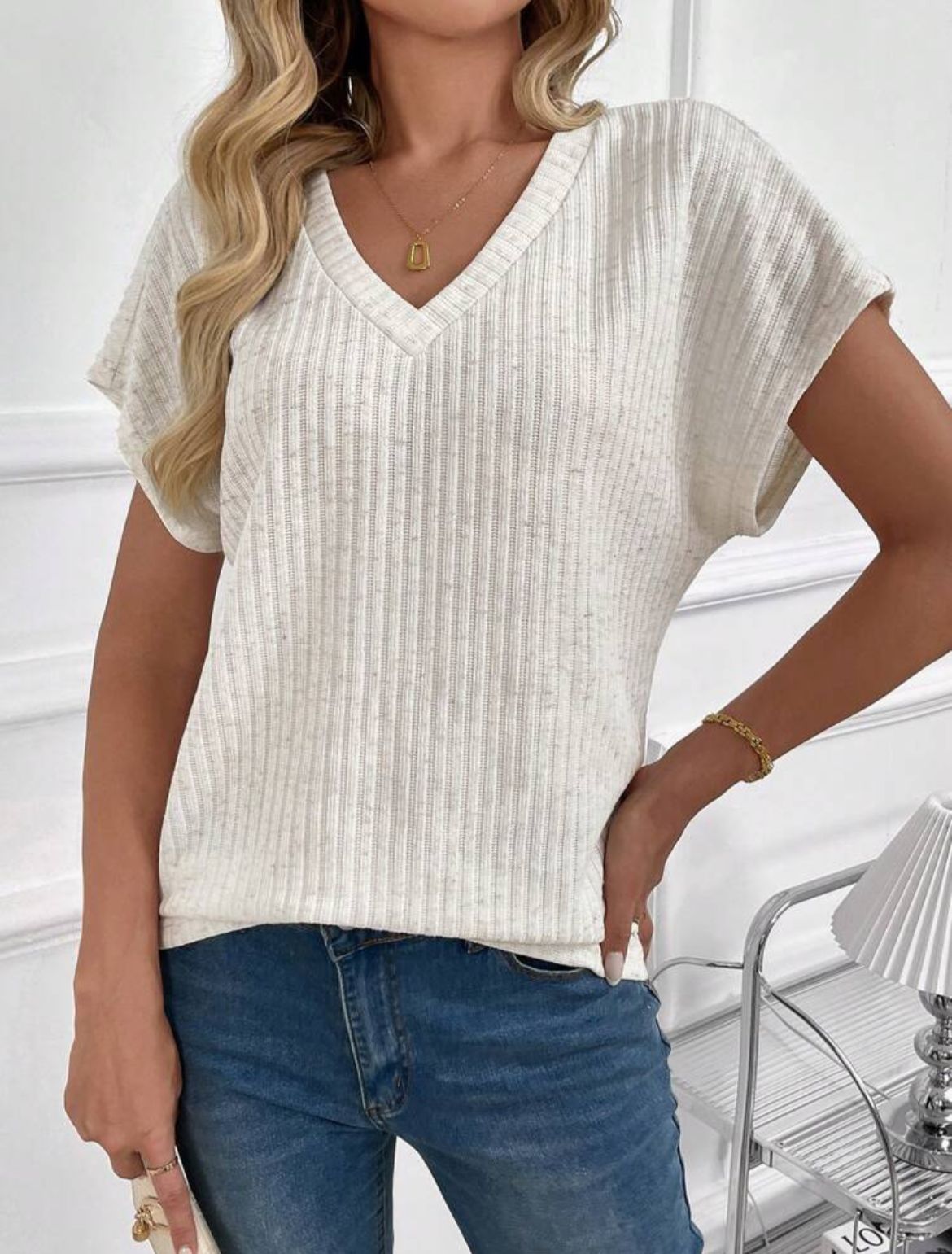 Solid Color V-Neck Batwing Sleeve T-Shirt