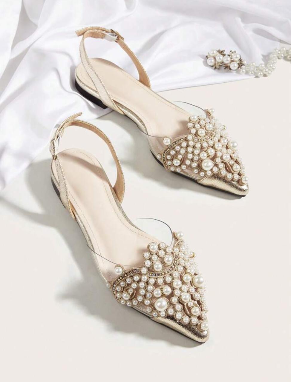 Pearl Decor Point Toe Slingback Flats