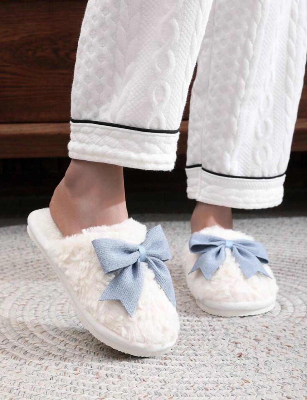 Bow Knot Slippers For Women , Plush Fur Indoor Soft Sole Floor Slides