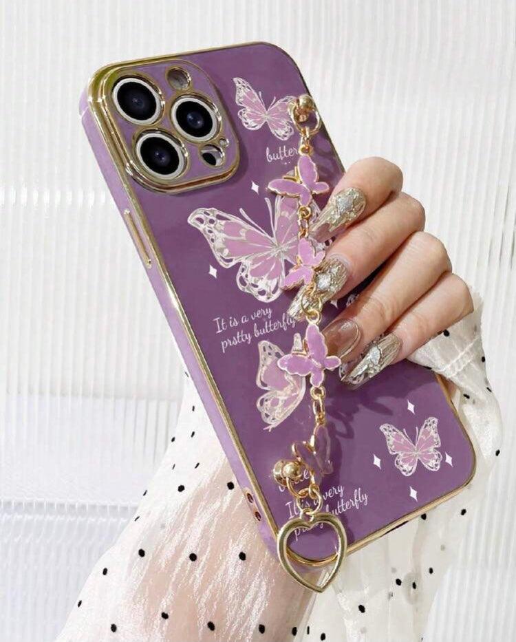 Purple plated butterfly chain bracelet and butterfly printed phone case