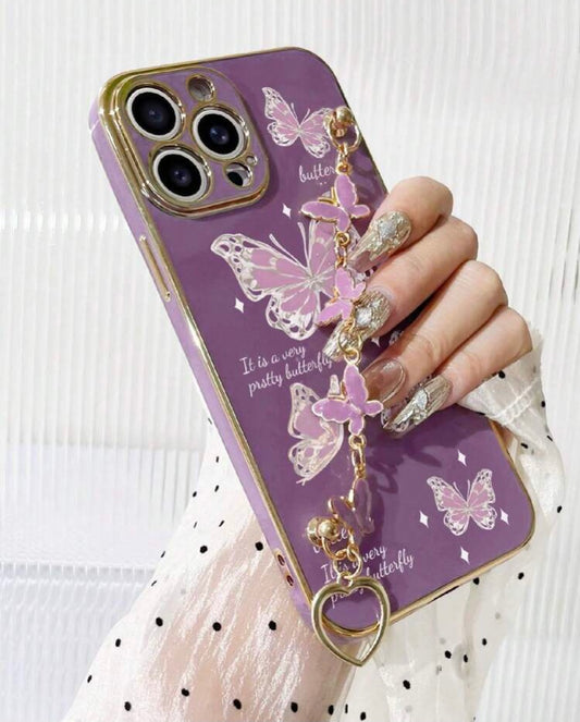 Purple plated butterfly chain bracelet and butterfly printed phone case