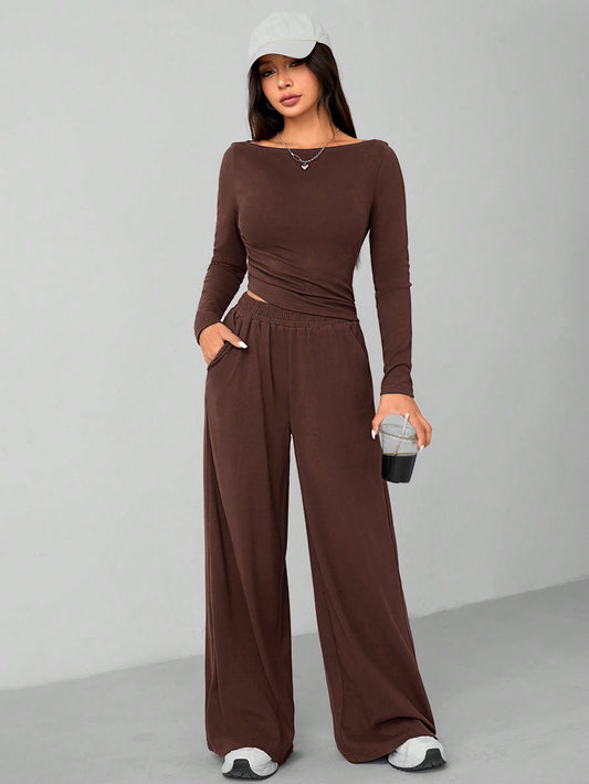 Brown Set 2 pcs wide leg pants & fitting top