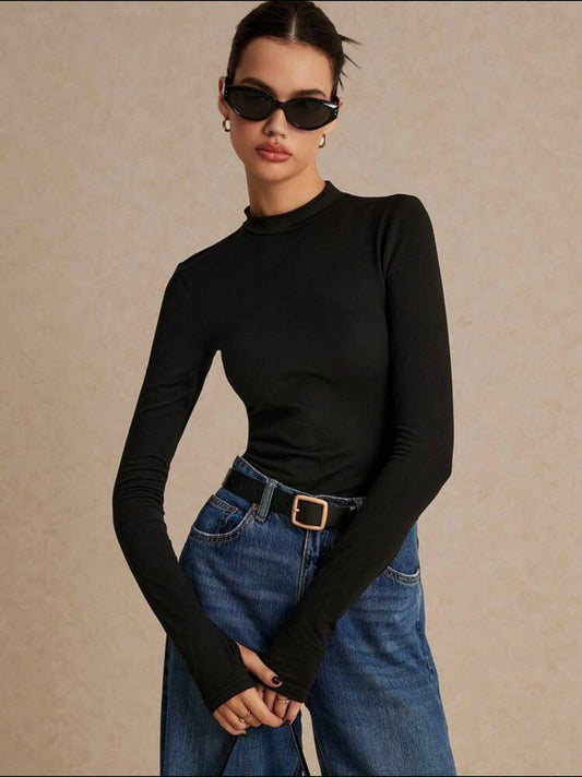 Poeselle Solid Mock Neck Tee, Black Bottoming Tee, Long Sleeve, Basic Tee