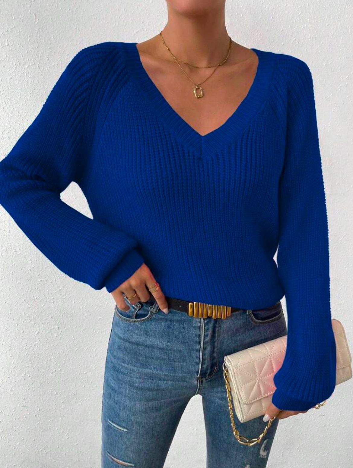 Relaxiva Solid Raglan Sleeve Ribbed Knit Sweater