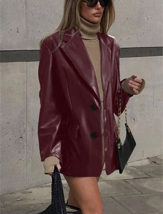 Clasi Women Solid Color Lapel Button Casual PU Leather Long Sleeve Jacket