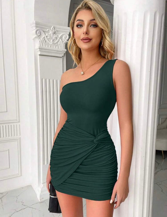 One Shoulder Twist Front Ruched Bodycon Dress