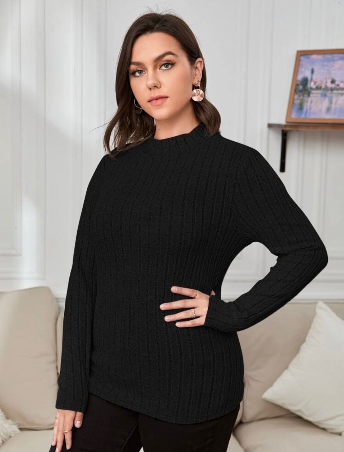 Essnce Plus Ribbed Knit Mock Neck Tee