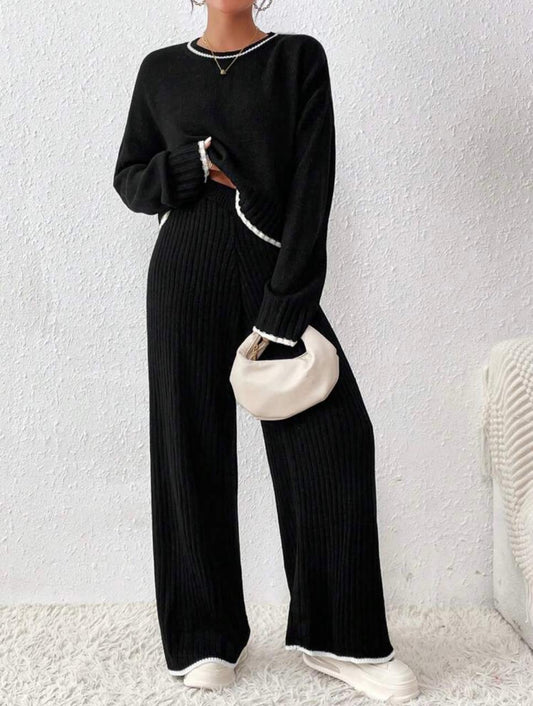 Drop Shoulder Sweater & Wide Leg Knit Pants
