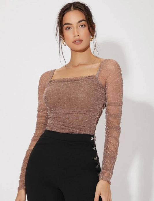 Mesh Panel Ruched Glitter Date Night Tops