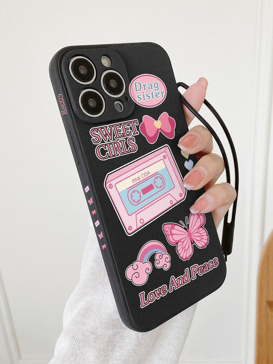 Butterfly Pattern Phone Case With Lanyard