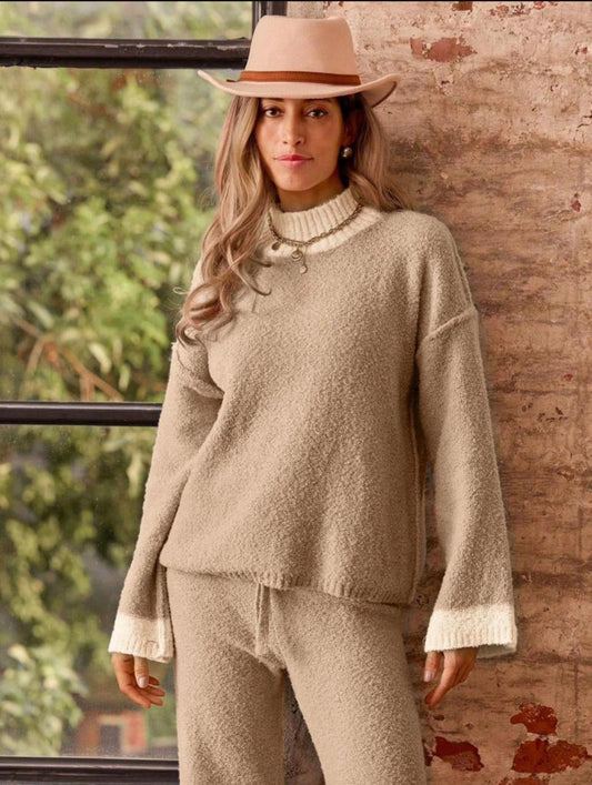 Color Block Drop Shoulder Long Sleeve Sweater And Knit Long Pants Casual Outfit