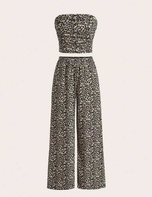 Leopard Print Tube Top & Wide Leg Pants