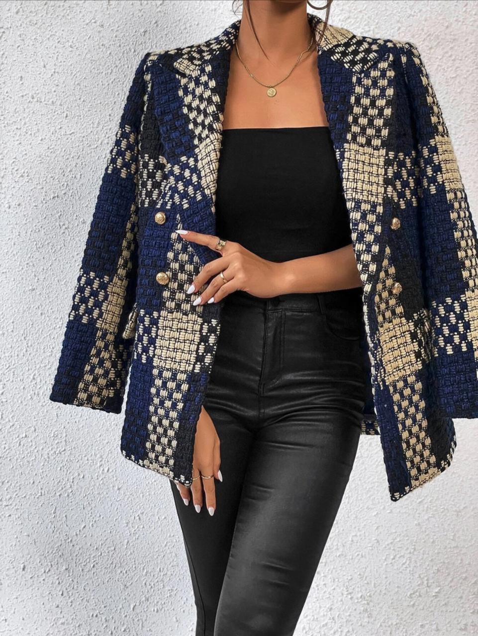 Plaid Print Lapel Neck Blazer Workwear