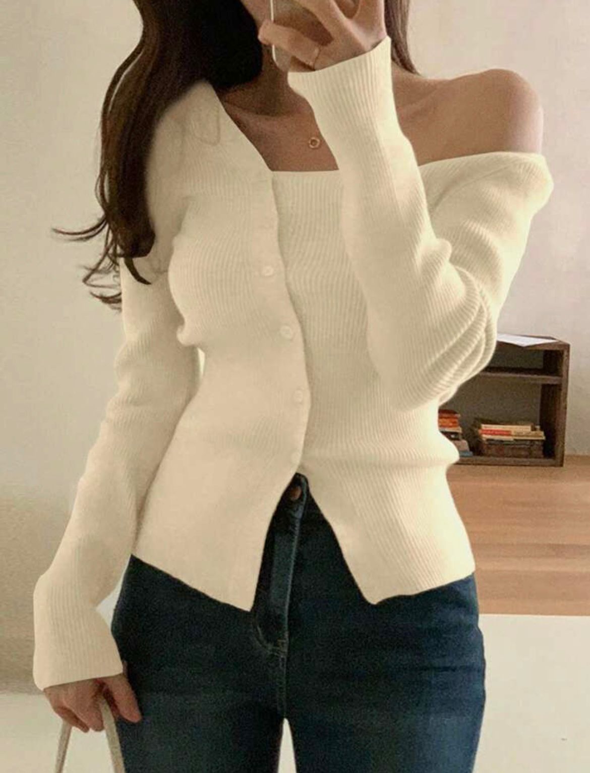 Casual Solid Color Front Button Oblique Shoulder Cardigan