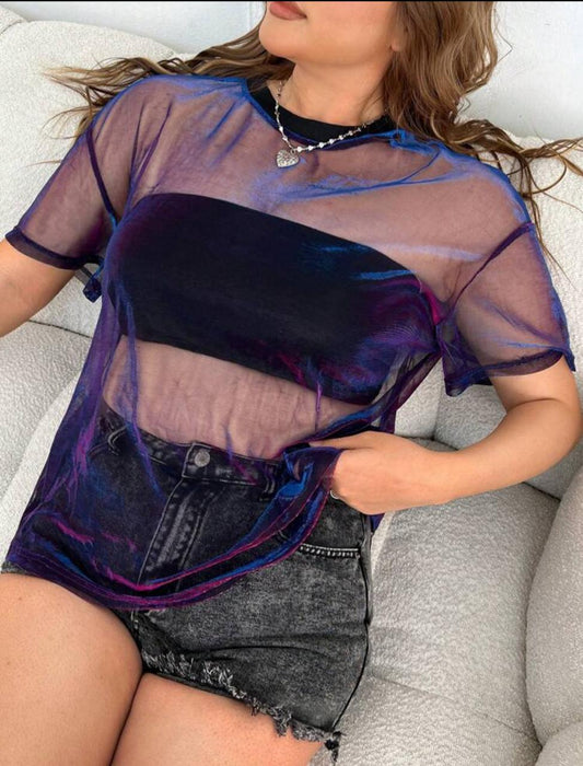 Plus Size Summer Iridescent Sheer Short Sleeve Top