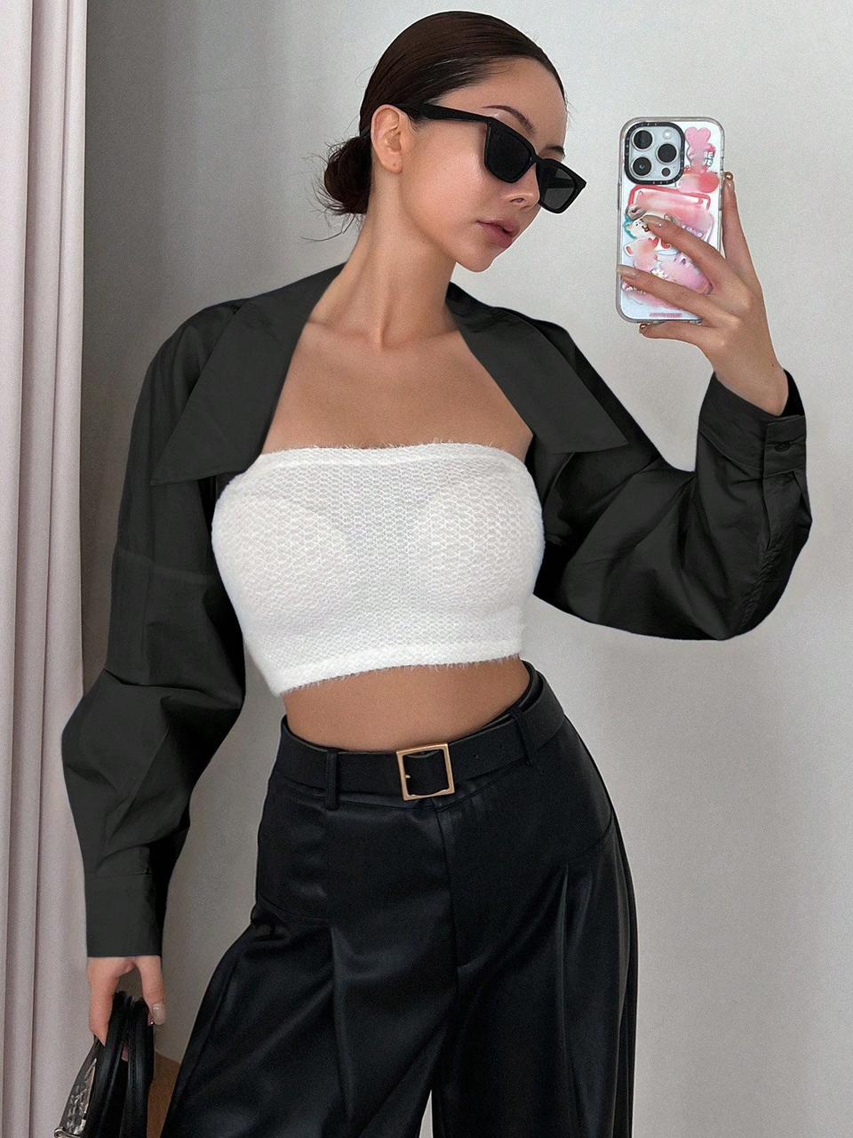 Casual Solid Color Long Sleeve Crop Top