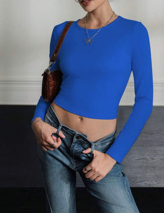 Round Neck Long Sleeve Pleated T-Shirt