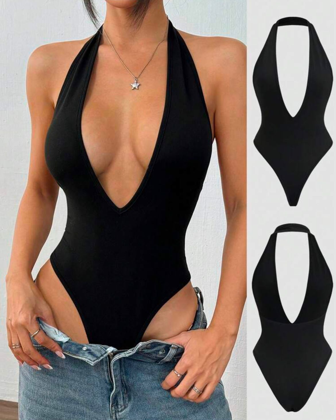 Deep V-Neck Backless Bodysuit