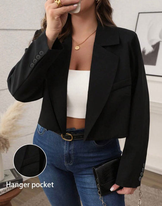 Plus Size Simple French Elegant Fashion Short Loose Relaxed Dropped Shoulder Pockets Covered Cuffs Long Sleeve Blazer Jacket