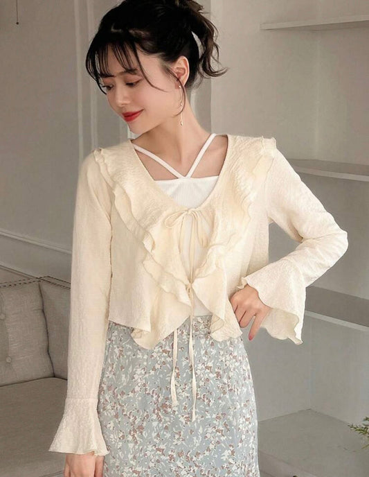 Hem Ruffle Front Tie Blouse