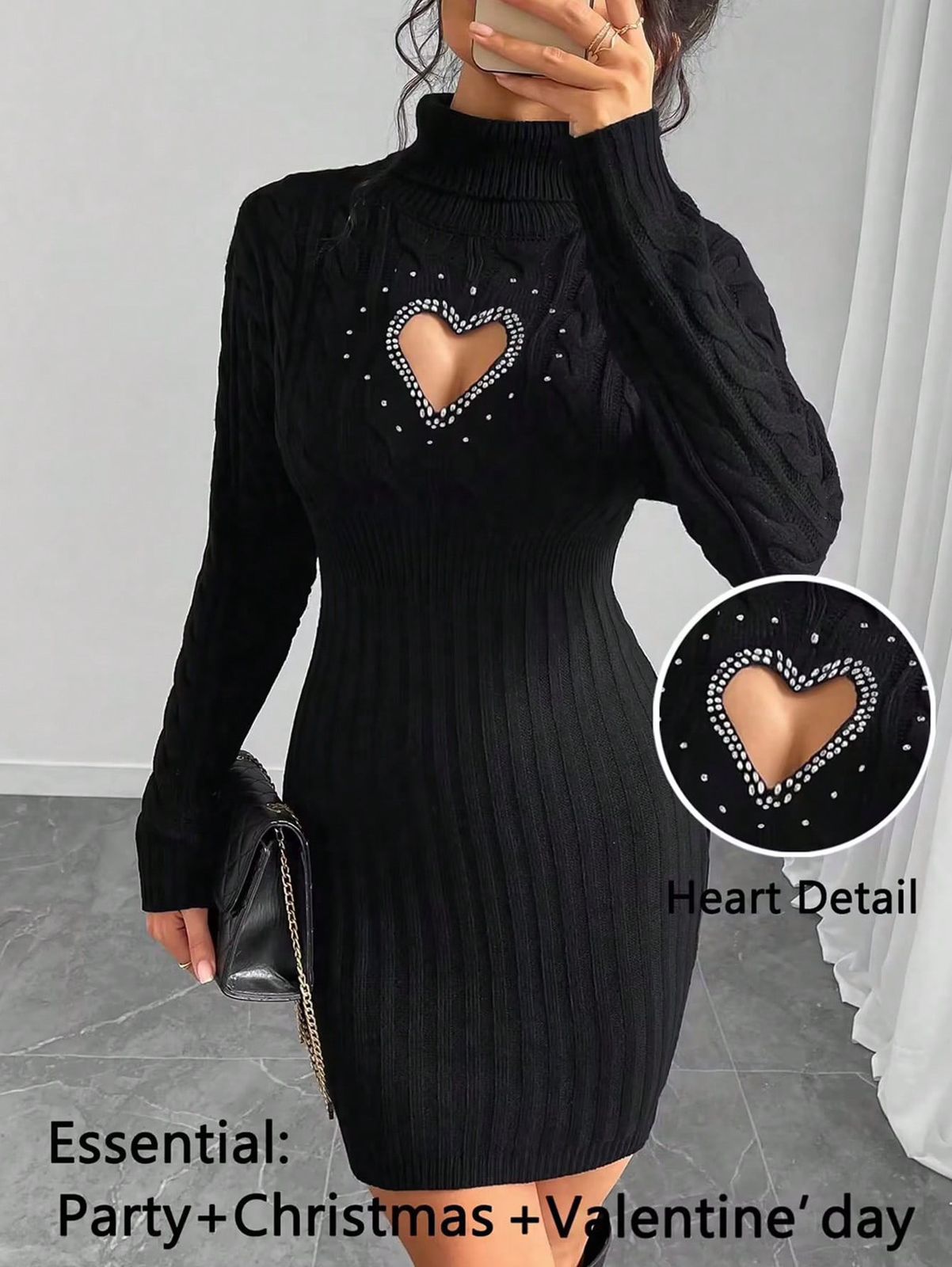 Casual Heart Studded Hollow Out Turtleneck Sweater Dress