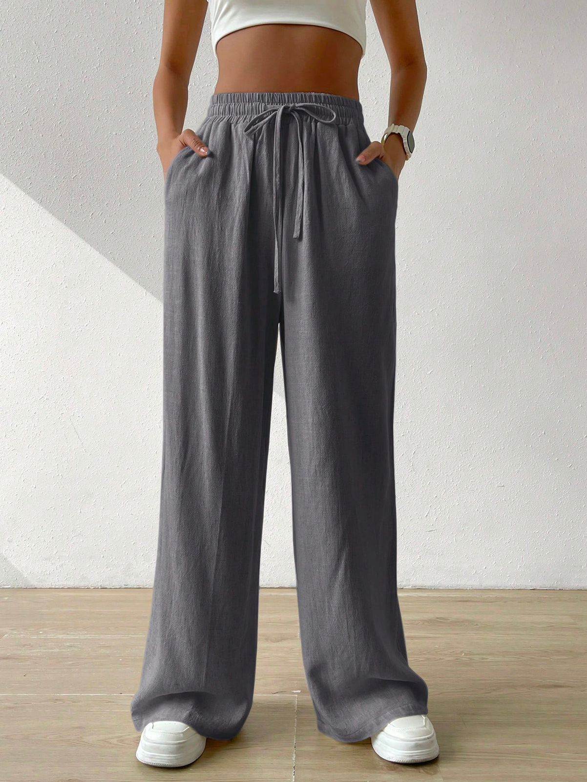 Cotton Loose Straight Drawstring Waist Slant Pocket Pants