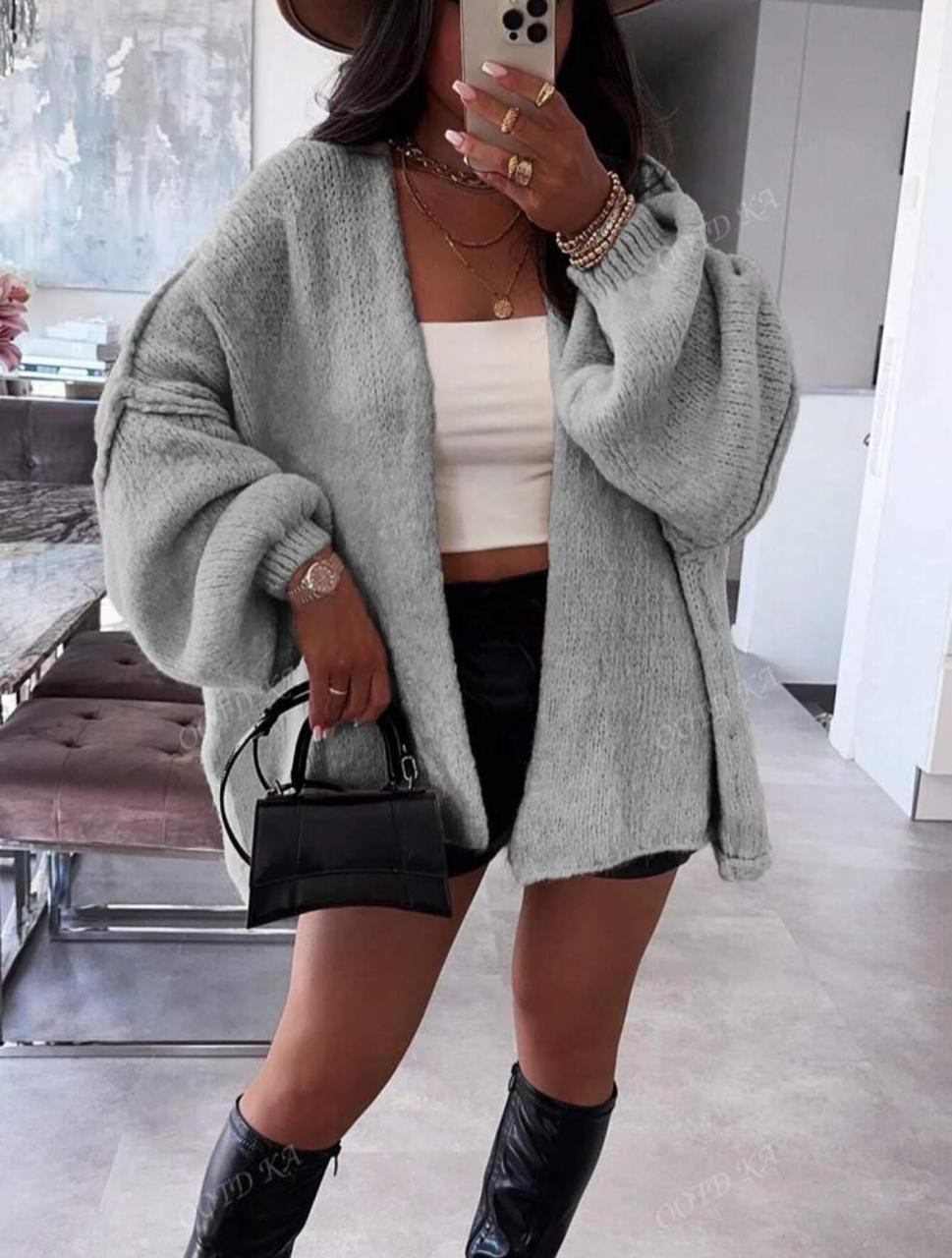 Bone Edge Design Dropped Shoulder Casual Long-Sleeved Solid Color Oversized Cardigan Sweater