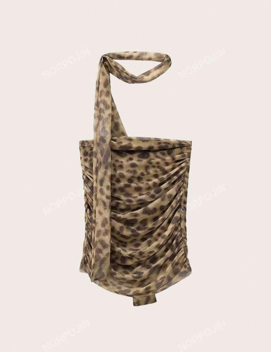 Fashion Leopard Print Bandeau Top With Ruched Detail