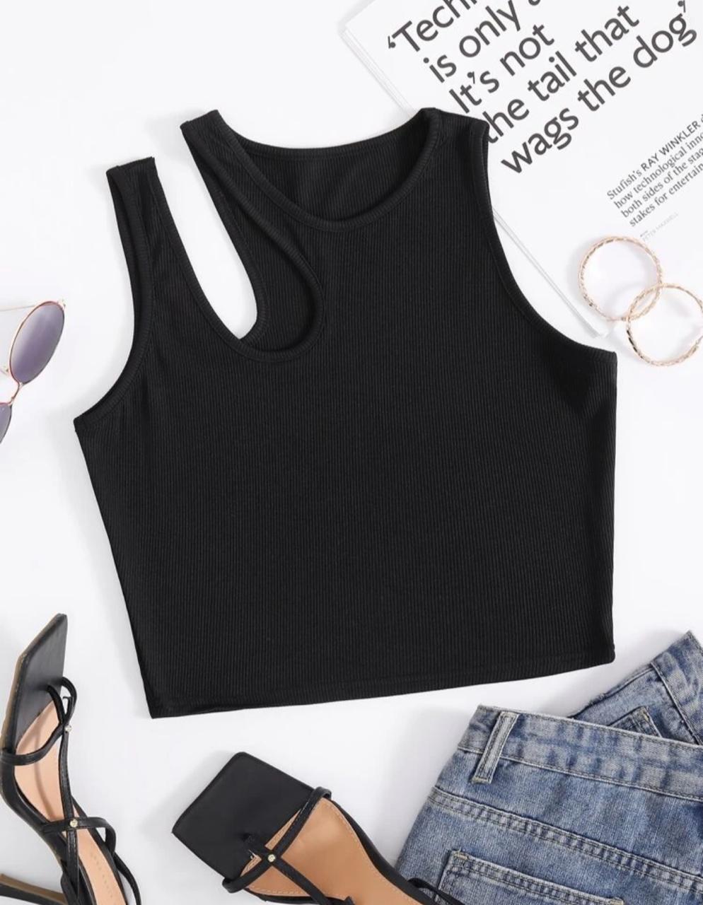 Solid Cut Out Shoulder Ribbed Knit Tank Top