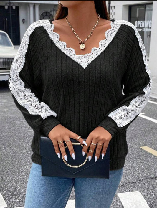 Plus Contrast Lace Raglan Sleeve Sweatshirt