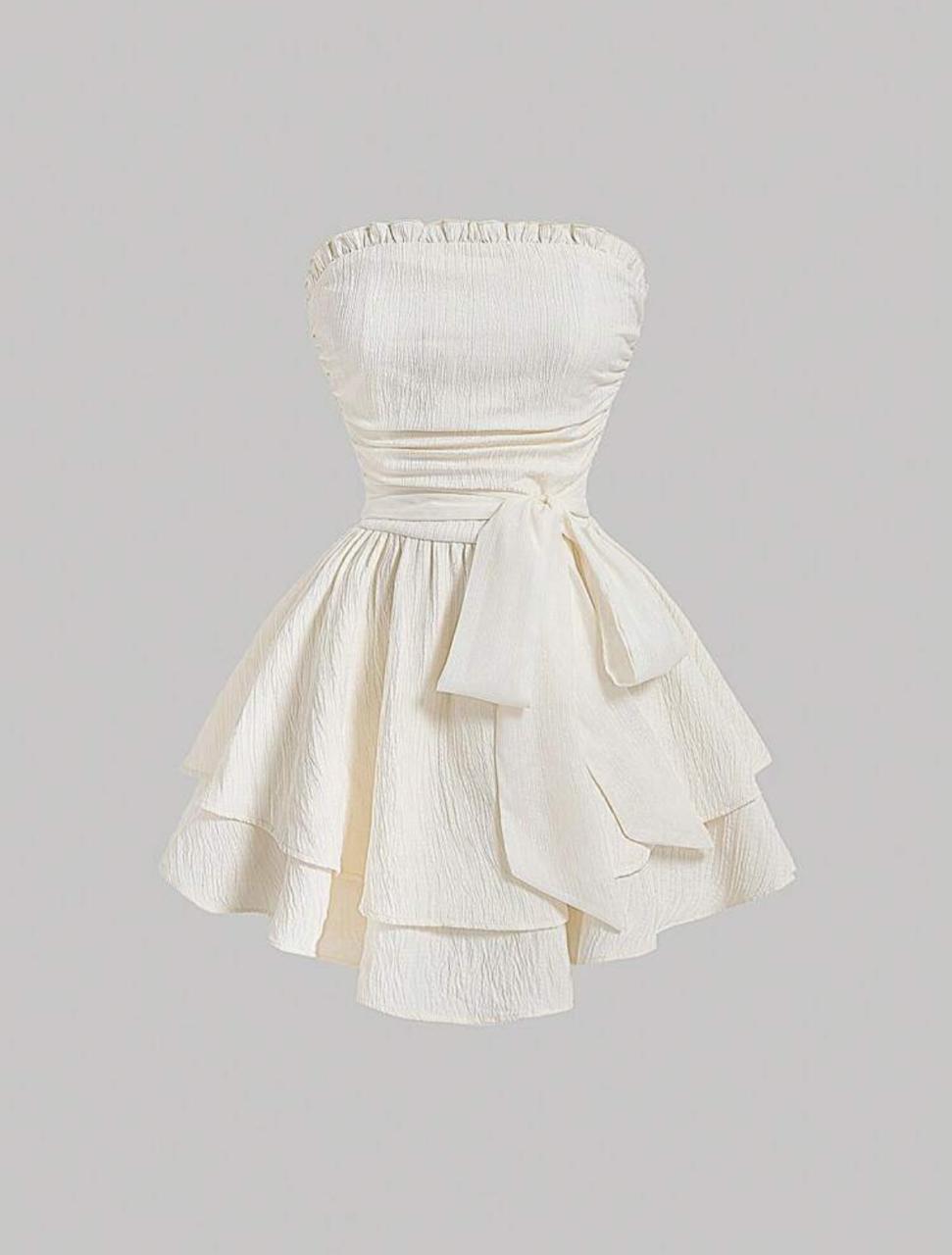 Solid Color Strapless Dress With Waist Belt