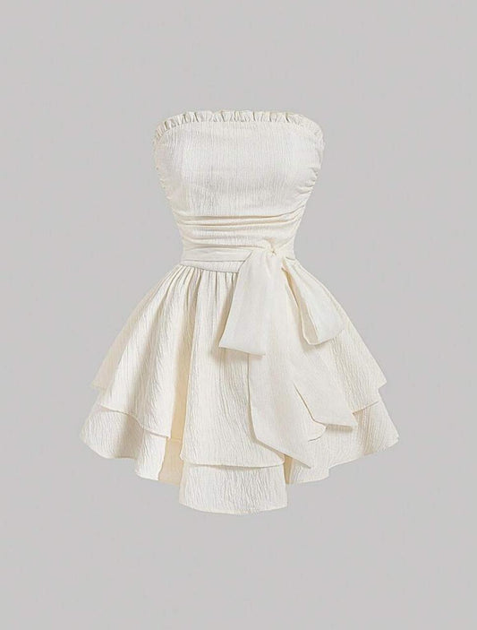 Solid Color Strapless Dress With Waist Belt