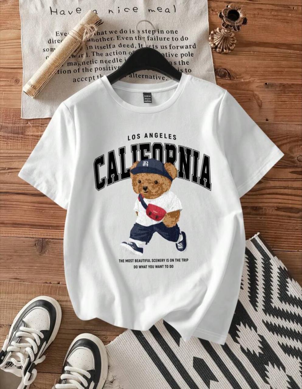 Casual California College Style Bear Graphic White Round Neck Short Sleeve Fitted Women T-Shirt