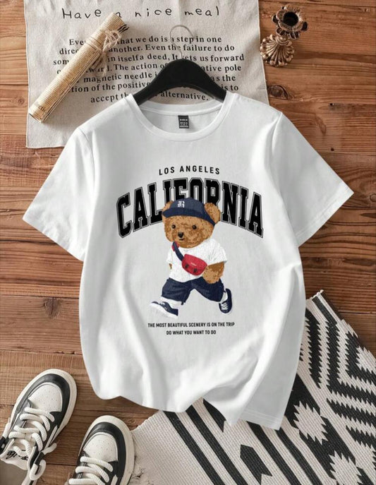 Casual California College Style Bear Graphic White Round Neck Short Sleeve Fitted Women T-Shirt