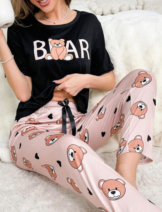 Letter & Cartoon Bear Pattern Printed Short Sleeve