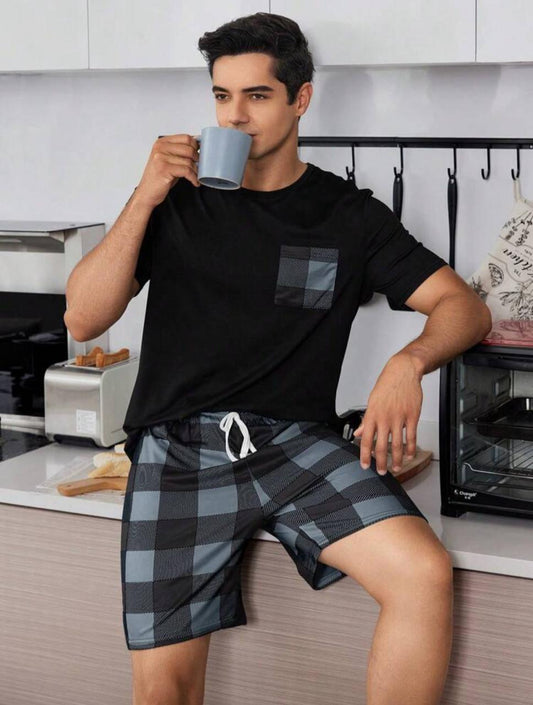 Men Patchwork Pocket Shirt & Plaid Shorts Homewear Set