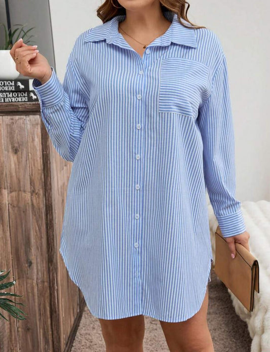 Plus Size Women Striped Drop Shoulder Long Sleeve Pocket Casual Shirt Dress