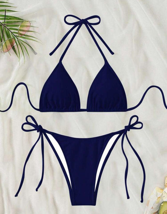 Solid Color Halter Neck Bandage Sexy Bikini Set