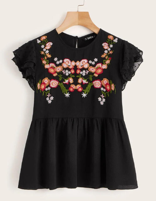 Floral Embroidered Ruffle Armhole Top