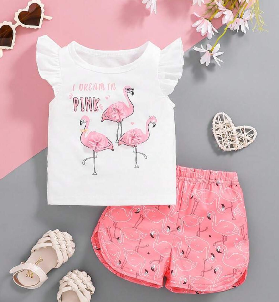 Casual Flamingo Printed Top With Ruffle Trim And Shorts