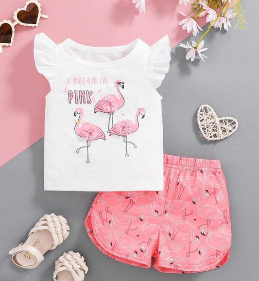 Casual Flamingo Printed Top With Ruffle Trim And Shorts