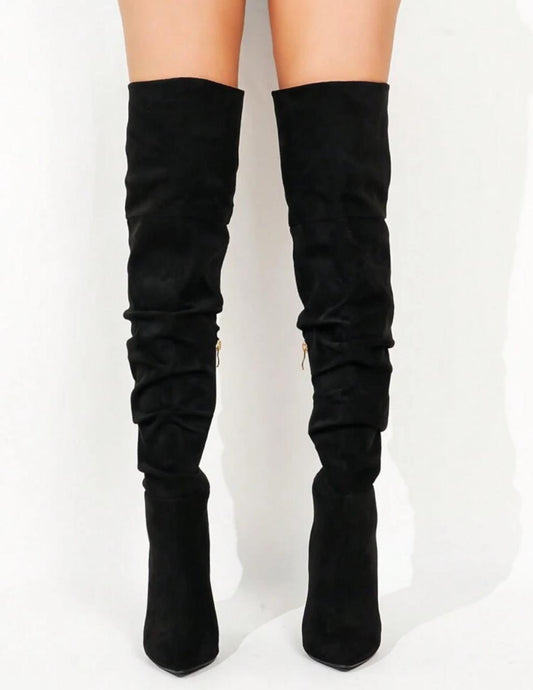 Fashion Match Sweater , Women Thigh High Boots Slim Heel Plus Size Faux Suede Side Zipper Long Tube Boots