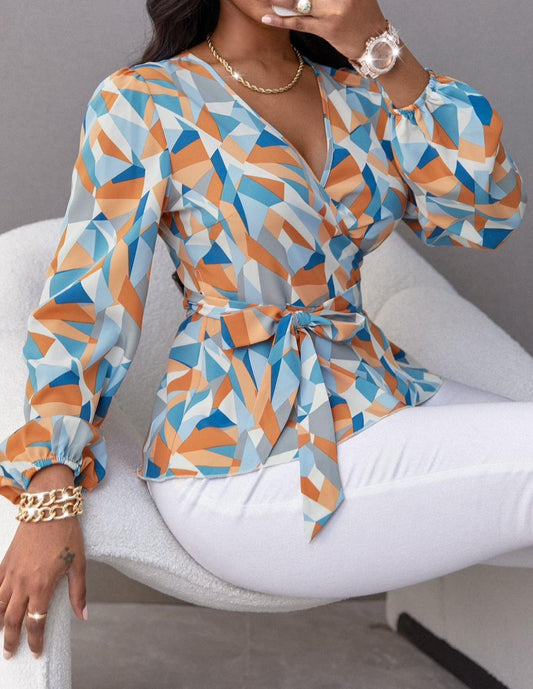 Casual Geometric Print Lantern Sleeve