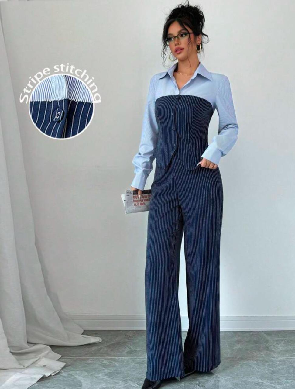 Modely 2Pcs Casual Contrast Stripe Print Fitted Shirt & Loose Wide Leg Pants Set