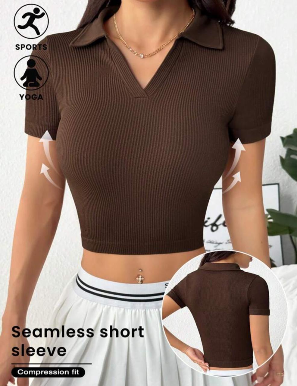 Solid Collared Short Sleeve Fitted Cropped Top