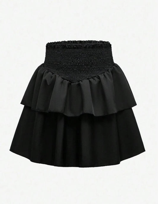 Solid Color Ruffle Hem Casual Black Skirt